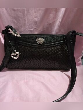Brighton black crossbody handbag mixture of textures signature silver-tone heart